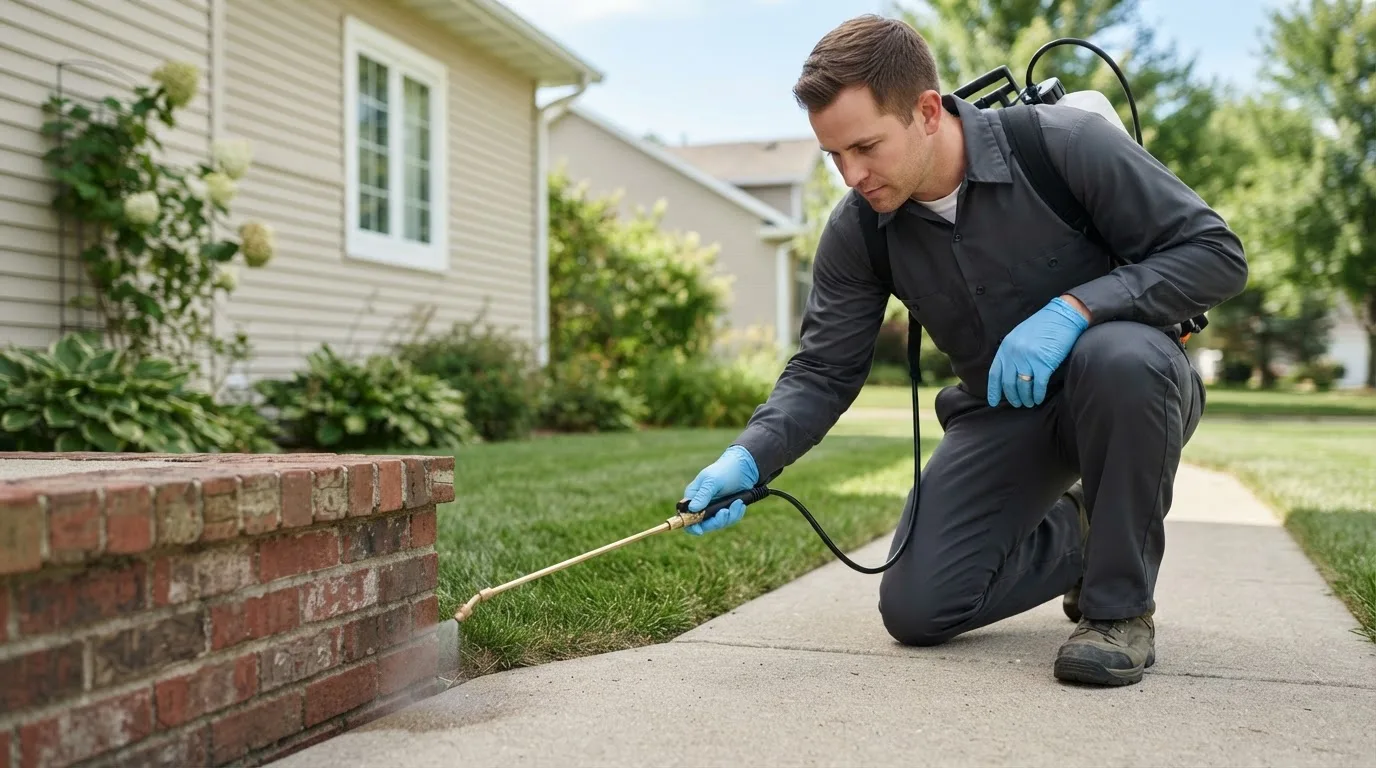Pest control technician treating a home near Mineral Wells, TX